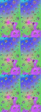 Küçük çiçekte güzel bir desen. Motley illüstrasyonu. Moda baskıları için zarif bir şablon. Yeşil ve mor çiçekli bahar çiçekleri. Küçük renkli çiçekler..