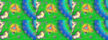 Yeşil ve mavi renkli Asya tekstili. Raster illüstrasyonu. Çiçek desenini çiz.