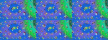 Yapraklı çiçekler ve mavi ve yeşil renkli papatya çiçekleri. Eskiz arkaplan modeli. Raster - stok.