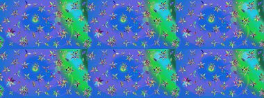 Klasik taslak çizimi. Raster Yumuşak kumaş deseni. Raster çiçek izi. Çiçek mavisi ve yeşil çizim deseni.