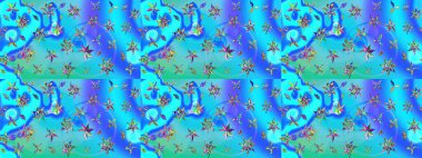 Raster illüstrasyonu. Mavi ve yeşil renkli çiçekler. Çiçek desenli eskiz, vuruşlar, sıçramalar, yaz çiçekleri..