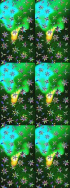 Yeşil ve mavi renkte güzel çiçekler, suluboya desenli, duvar kağıdı, kart ya da kumaş için fayanslı eskizler. Raster..