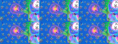 Mavi ve mor renkli çiçekler. Raster illüstrasyonunda çiçek deseni çizimi.