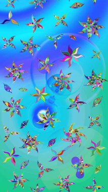 Çiçeksel çizim kalıbının yansıması. Vadinin çiçekleri mavi ve yeşil renklerde.