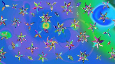 Mavi ve mor renkli bitkilerden oluşan parlak çiçekli çizim deseni.