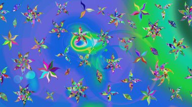 Çiçek desenli çizim. Raster illüstrasyonu. Raster illüstrasyonu. Mavi ve yeşil renkli çiçekler. Asya tekstil tarzında.