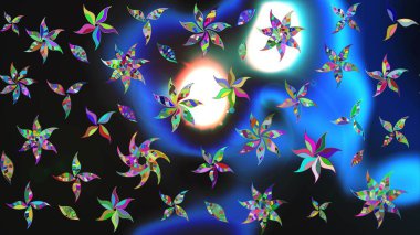 Raster çiçek desenli çiçek deseni, yapraklar, dekoratif elementler, sıçrama, lekeler, el çizimi kontur çizgileri ve Doodle çizim stili, grafik raster çizim çizimi.