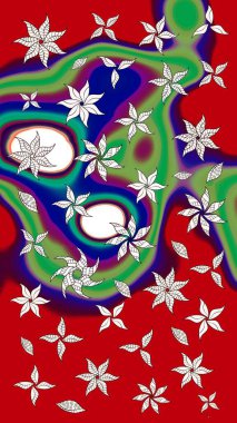 Üzerinde gelincikler ve vadi zambakları olan renkli çiçek desenli nakış deseni. Tekstil tasarımı için kırmızı ve yeşil renkli geleneksel halk çiçekleri..