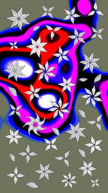 Raster illüstrasyonu. Yumuşak, bahar çiçekleri yeşil ve mavi renklerde. Yaprak ve çiçeklerin suluboya resmi, yeşil ve mavi renkler üzerine çizim deseni.