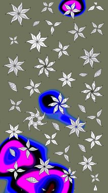 Yeşil ve mavi renklerde. Raster illüstrasyonu. 3D çiçekler, çizim.