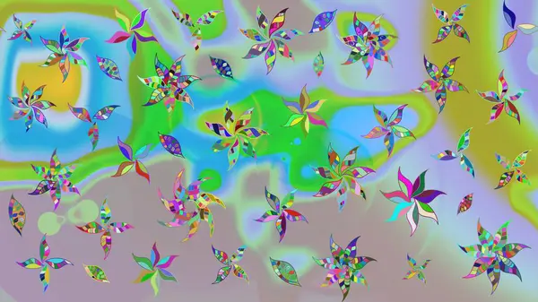 Raster deseni. Tarafsız ve mavi renklerde bahar çiçekleri. Patlayan çiçekler soyut olarak yerleştirilmiş. Raster illüstrasyonu.