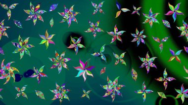 Çiçekli karalama şeklinde Raster çiçek deseni. Raster illüstrasyonu. # Yeşil ve mavi renkte yaz çiçekleri #.