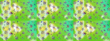 Yeşil ve nötr renklerde etnik çiçeklerle süslenmiş zarif bir eskiz. Asya Tekstil 'inde Raster Çiçek İllüstrasyonu.