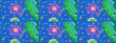 Küçük çiçekte güzel bir desen. Moda baskıları için zarif bir şablon. Küçük renkli çiçekler. Motley illüstrasyonu. Mavi ve yeşil çiçekli bahar çiçekleri.