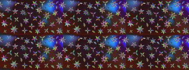 Raster illüstrasyonu. Şirin çiçekli eskiz deseni ve kahverengi ve mavi renkli yapraklar, suluboya çiçek deseni, duvar kağıdı, kart veya kumaş için fayanslı.