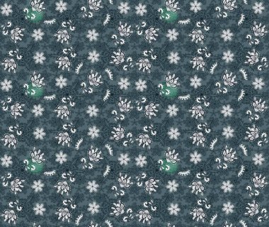 Raster illüstrasyonu. Çiçekli karalama şeklinde Raster çiçek deseni. Yeşil ve mavi renklerde bahar çiçekleri..