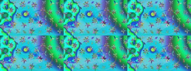 Çiçek duvar kağıdı. Raster illüstrasyonu. Hint süsü. Çizim kalıbı. Renkli süs kenarı. Mavi ve yeşil renklerde.