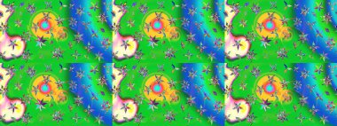 Varicologreen ve Blue Raster çizim çizimi. Küçük çiçekteki sevimli çiçek deseni. Birçok yeşil ve mavi soyut çiçekli tropikal çizim deseni.