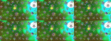 Elle boyanmış suluboya resim çizimleri, çiçekler ve bitkiler. Yeşil ve mavi renkte çiçekler.