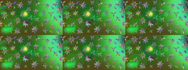 Raster illüstrasyonu. Asya tekstil tarzında. Raster illüstrasyonu. Çiçek desenli çizim. Yeşil ve mavi renkte çiçekler.