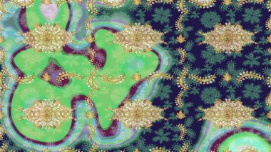 Skeç raster arka planı. Çiçek deseni. Şık bir grafik desen. Yeşil renkte altın elementler. Duvar kâğıdı barok, İspanyol kumaşı.