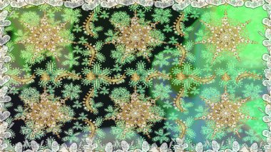 Kış kar dokusu duvar kağıdı. Yeşil renkli altın kar taneleri. Noel altın kar tanesi kusursuz desen. Sembol tatili, yeni yıl kutlaması, altın desenler..