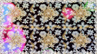 Raster illüstrasyonu. Süslü dekorasyon. Damask altın soyut çiçek nötr renklerde pürüzsüz desen.