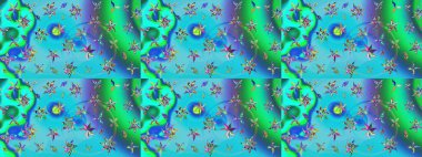 Çiçek duvar kağıdı. Raster illüstrasyonu. Hint süsü. Çizim kalıbı. Renkli süs kenarı. Mavi ve yeşil renklerde.