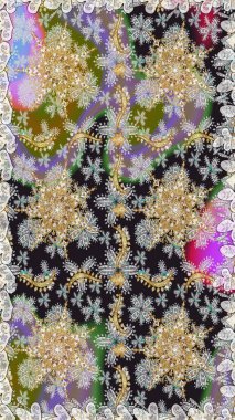 Raster. Hassas altın deseni açın. Gri renklerde, altın elementlerle kusursuz desen. Parlak dantel, stilize çiçekler, şal desenli. Kusursuz altın desenli bukleler. Doğu tarzı arabesk.