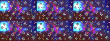 Raster illüstrasyonu. Mor ve mavi renkte çiçekler. Çiçek desenli eskiz, vuruşlar, sıçramalar, yaz çiçekleri..