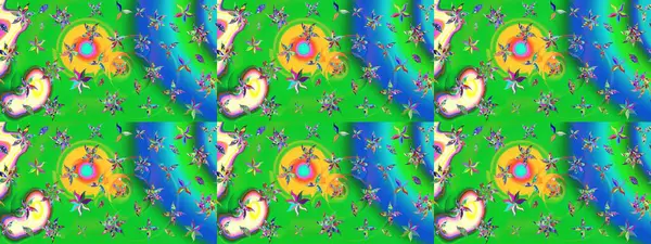 Yeşil ve mavi renkli Asya tekstili. Raster illüstrasyonu. Çiçek desenini çiz.