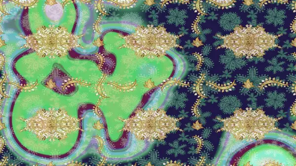 Skeç raster arka planı. Çiçek deseni. Şık bir grafik desen. Yeşil renkte altın elementler. Duvar kâğıdı barok, İspanyol kumaşı.