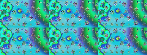 Çiçek duvar kağıdı. Raster illüstrasyonu. Hint süsü. Çizim kalıbı. Renkli süs kenarı. Mavi ve yeşil renklerde.