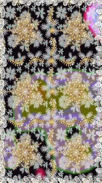 Gri renklerde, altın çiçekli altın desenler. Altın rengi, kusursuz çizim. Raster geometrik arka plan. Senin tasarımın için, duvar kağıdı..