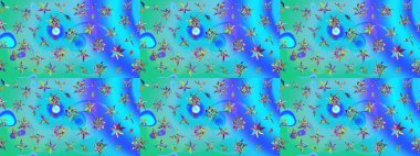 Mavi ve yeşil renkli çiçekler. Kumaş desenli papatya çiçekleri ayrıntıları.