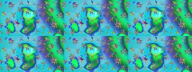Raster illüstrasyonu. Mavi ve yeşil renklere karalamalar çizilmiş çiçek deseni.