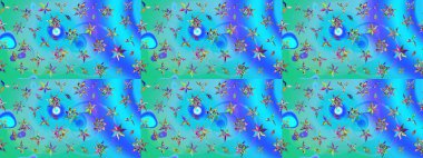 Mavi ve yeşil renkli çiçekler. Kumaş desenli papatya çiçekleri ayrıntıları.