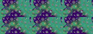 Elle boyanmış suluboya resim çizimleri, çiçekler ve bitkiler. Mavi ve yeşil renkte çiçekler.