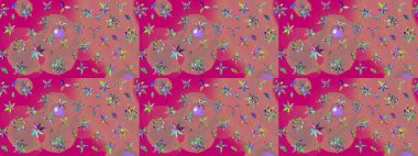 Çiçekli karalama şeklinde Raster çiçek deseni. Yumuşak, bahar çiçekli arka plan. Pembe ve morumsu renkte çiçekler.