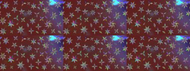 Çiçekli karalama şeklinde Raster çiçek deseni. Yumuşak, bahar çiçekleri kahverengi ve mor renklerde. Raster illüstrasyonu.