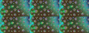 Yeşil ve mavi renkte güzel çiçekler, suluboya desenli, duvar kağıdı, kart ya da kumaş için fayanslı eskizler. Raster..