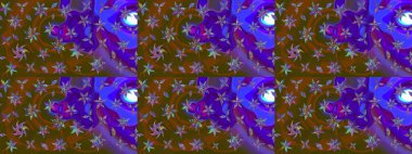 Çiçek deseni. Kahverengi ve mor renkli çiçek çizimi. Şatafatlı bahar bahçesi dokusu. Raster illüstrasyonu. Kahverengi ve mor renkte çiçekler.