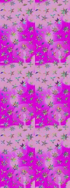 Patlayan çiçekler soyut olarak yerleştirilmiş. Raster deseni. Tarafsız ve morumsu renklerde bahar çiçekleri. Raster illüstrasyonu.