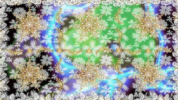 Altın elementlerle nötr renklerde altın desen. Süslü raster dekorasyonu. Barok tarzında duvar kağıdı tasarımı için kusursuz damaske deseni arkaplanı.