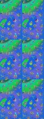 Çiçekli ipek eşarp. El çizimi çiçek unsurları olan soyut çizim raster deseni. 1950-1960 motifleri. Retro tekstil tasarım koleksiyonu. Mavi ve yeşil, mavi ve yeşil.