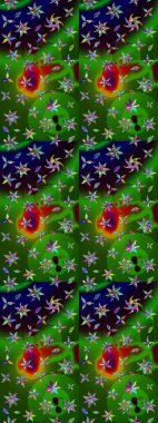 Parlak çiçekli yeşil ve siyah renkler üzerine soyut çizim deseni. Çiçeksel elementlerle süslenmiş zarif raster dokusu. Küçük çiçekte şirin bir çiçek deseni var..