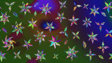 Çiçekli yumuşak bir eskiz şekli. Yumuşak, bahar çiçekleri yeşil ve mavi renklerde. Raster çiçekleri klasik tarzda çizilmiş. Raster illüstrasyonu.