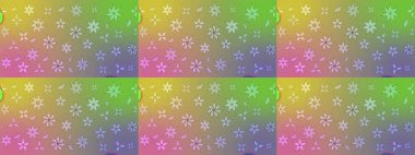 Tarafsız ve yeşil renklerdeki çok renkli ve yeşil zarif küçük çiçekler ve komik böcekler, raster desen, illüstrasyon.