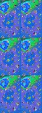 Düz Çiçek Elementleri Tasarımı. Renkli Bahar Teması eskiz kalıbı. Raster illüstrasyonundaki çiçek desenli çizim. Mavi ve mor renkte çiçekler.