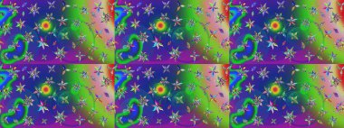 Yeşil ve mavi renkte güzel çiçekler, suluboya desenli, duvar kağıdı, kart ya da kumaş için fayanslı eskizler. Raster..